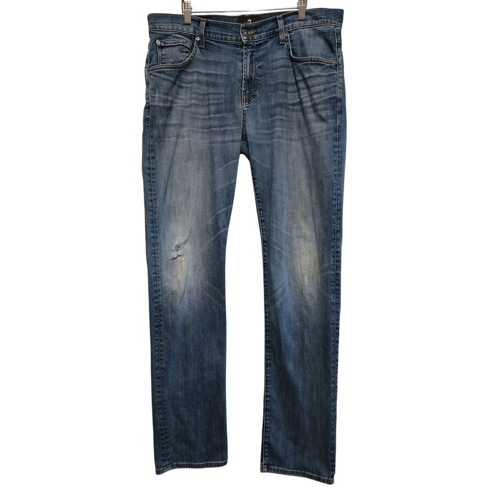 7 For‎ All Mankind Straight Leg Jeans Medium Wash Distressed Blue Denim